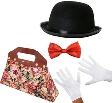 CHILD VICTORIAN NANNY COSTUME SET BAG HAT BOW TIE GLOVES FANCY DRESS OUTFIT
