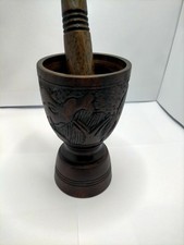 African Hand Carved Wooden Mortar & Pestle Elephant & Rhino Design, Tribal Decor