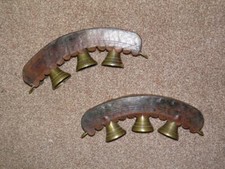 Antique Austrian Swiss Pair Of Leather Clad & Solid Brass Belfry Sleigh Bells