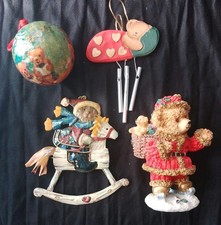 4 Teddy Bear Christmas Decorations Figurine Bauble Metal Bear on Rocking Horse 