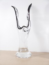 Tall Freeform Art Glass Vase Clear with Black Rim Murano Style Sculptural