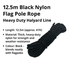 12.5m Flag Pole Rope Thick Nylon White Halyard Rope Flagline Black