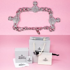 Vivienne Westwood Bracelet Silver Tone Triple Orb Crystal Charm Cuban Link & Box