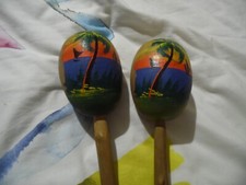 Pair vintage wooden,nut husk,maracas,Puerto Rica,hand painted tropical scene