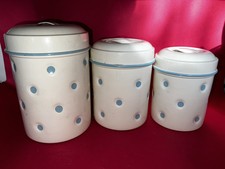 Enamel Ware Pale Blue Polkadot Storage Tins X 3  Jar Cannisters