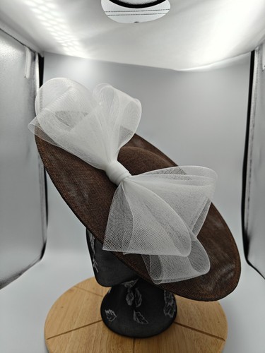 Brown white large fascinator - brown,