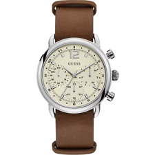 GUESS W1242G1 Outback Men's Beige Stainless Steel Watch Brown Leather Strap