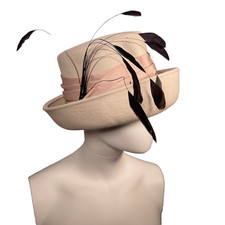 WHITELEY Hat Beige Fur Felt Pink Ribbon Black Feather Accent