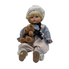 Porcelain Doll Boy with Teddy Bear Vintage Doll with Tags