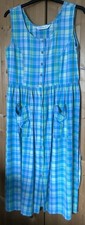 Berkertex Vintage Cotton Sun Dress Size 12 Turquoise, Green Check Button Front