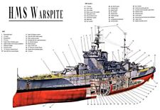 Line Tech Drawing HMS Warspite   Ship War Craft Mock Retro Art  Poster Print
