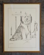 Framed Vintage Sketch Print "No Dogs" Sad Bearded Collie by Leigh Beavis-West