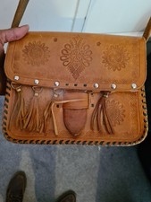 Vintage Brown Leather Embossed Boho Stamped Flower Saddle Bag Mexican Purse