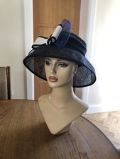 MEDIUM 57 CM NAVY BLUE IVORY BHS SPECIAL OCCASION WEDDING HAT WIDE BRIM STRAW