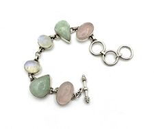 Sterling Silver T Bar Aquamarine Rose Quartz Rainbow Moonstone Bracelet