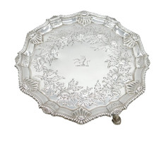 George III Sterling Silver Floral Pattern Cow Crest Salver Antique 1764 London