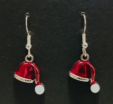 Silver and Red coloured dangle earrings, Enamel Santa Hats, Festive, Xmas