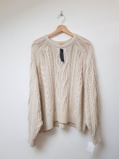 Polo Ralph Lauren Cream Ivory Ecru White Aran Knit Wool Blend Crewneck Jumper XL