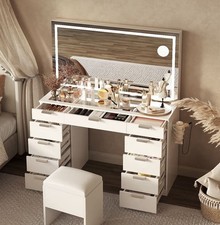 11 Drawers Vanity Desk with LED Mirror,  Power Outlet & Stool for Bedroom, 2 Pac
