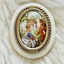 French Antique Brooch Limoges France Porcelain Courting Couple Baroque Costume
