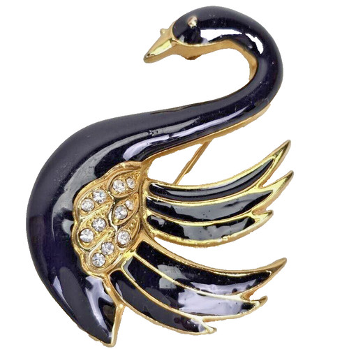 Swan pin brooch black - brooch, gold