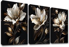 3 Pcs Wooden Framed Black Gold Lilies Flowers Canvas Wall Art For Auction-1