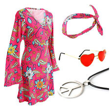 LADIES 1960S 1970S HIPPY FLOWER POWER FANCY DRESS COSTUME DRESS GLASSES NECKLACE