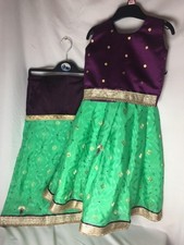 Asian indian designer lehenga choli green purple contrast
