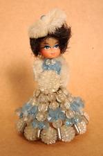 Vintage 1950's Bead Christmas Tree Decoration Snow Lady -safety pin bead doll 4"