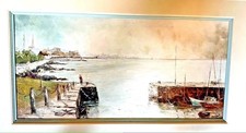 Antique Nautical Painting Marina Boat Ship Dock Landscape