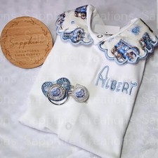 Blue Gypsy Wagon Romany Baby Boys Personalised Embroidered Sleepsuit Dummy Clip