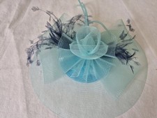 Alison Todd Couture Milliner Turquoise Pale Blue Straw &Navy Feather Fascinator