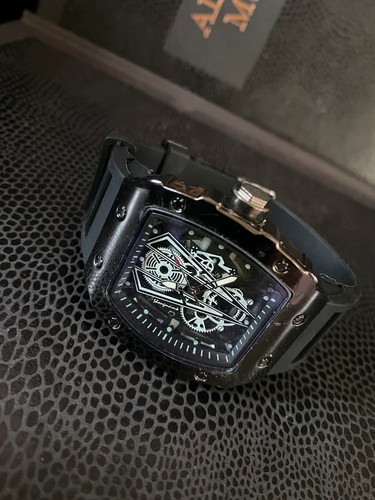 Black tonneau skeleton watch - black,