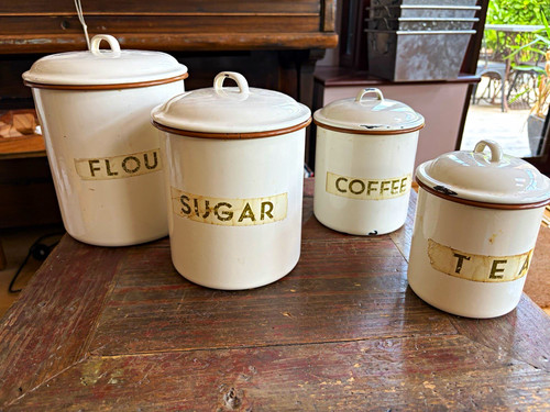 4pc vintage cream brown enamel - 4pc,