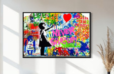 BANKSY NEVER GIVE UP GRAFFITI STREET ART- WALL CANVAS  OR POSTER PRINT