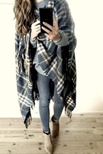  TOPSHOP CAPE SOFT PLAID CHECK PRINT KIMONO CAPE PONCHO FRINGE JACKET COAT NEW