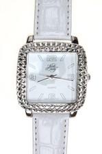 KIRKS FOLLY CRYSTAL AB SQUARE WATCH  w White Leather Strap