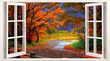 Autumn Canvas Picture Path Leaves Forest Trees 3D Effect Window Wall Art Prints