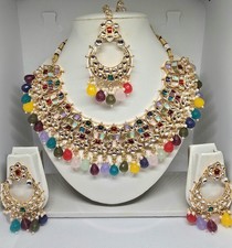 Multicolour Indian bollywood bridal Necklace tikka earring jewellery kundan set