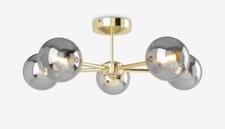3 ceiling lights with LED bulbs (2x large, 1x small), smoked glass & brass frame
