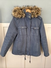 M&S Women's Blue Parka Coat Size 14 Detachable Hood Zip Pockets Quilted Lined