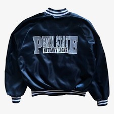 Vintage 80s Men's Chalk Line Penn State Navy Satin Varsity Jacket, 90s Football
