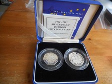 1992 1993 & 1998 UK Silver Proof Piedfort fifty pence coins 2 coin set Lot 204