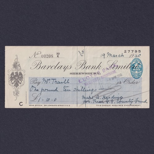 Barclays bank cheque 1940 - bank, cheque.