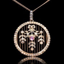 Antique Edwardian Belle Epoque Pearl & Pink Tourmaline Pendant Necklace 9ct Gold