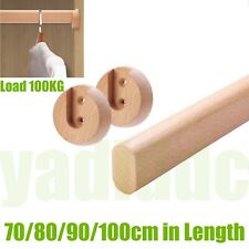 Wooden Wardrobe Rod Rail Tube+2 Flanges Clothes Hanging Pole 70/80/90/100cm