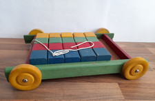 Vintage 1960’s COLOURED WOODEN BUILDING BLOCKS in PULL ALONG WAGON/CART