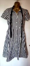 BLACK & WHITE STRIPED  COTTON MIDI DRESS NECK TIE BUTTONS TO WAIST PUNK GOTH S 1