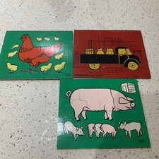 Vintage GALT TOYS Kiddicraft, Wooden Jigsaw Puzzle x 3 Pigs hens truck