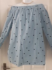 Papaya Matalan Blue Striped Heart Blouse Long Sleeves Off Shoulder size 14